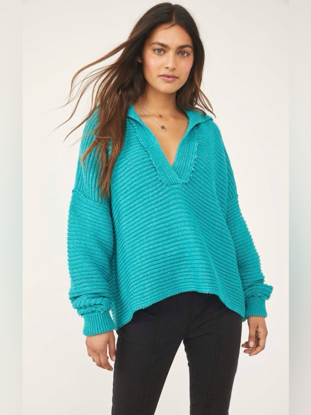 Free People Marlie Ribbed Knit Oversized
Collared Pullover Sweater Teal XL - Picture 2 of 10